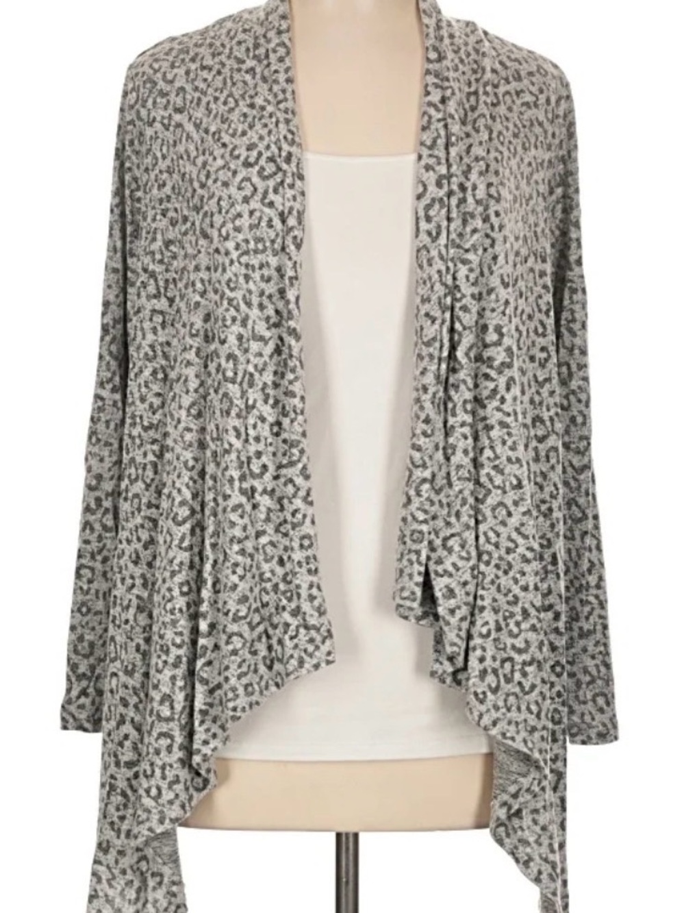 bobeau Gray Leopard Print Draped Open-Front Cardigan